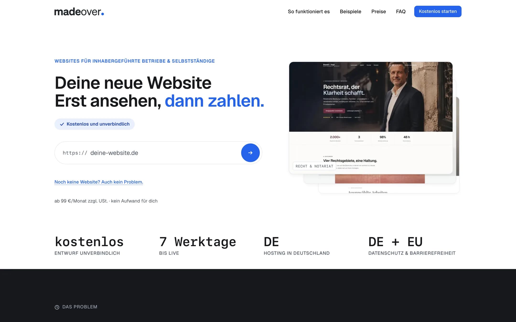 Startseite von madeover.de mit der Überschrift „Deine neue Website. Erst ansehen, dann zahlen." und einem Eingabefeld für die eigene Website-Adresse